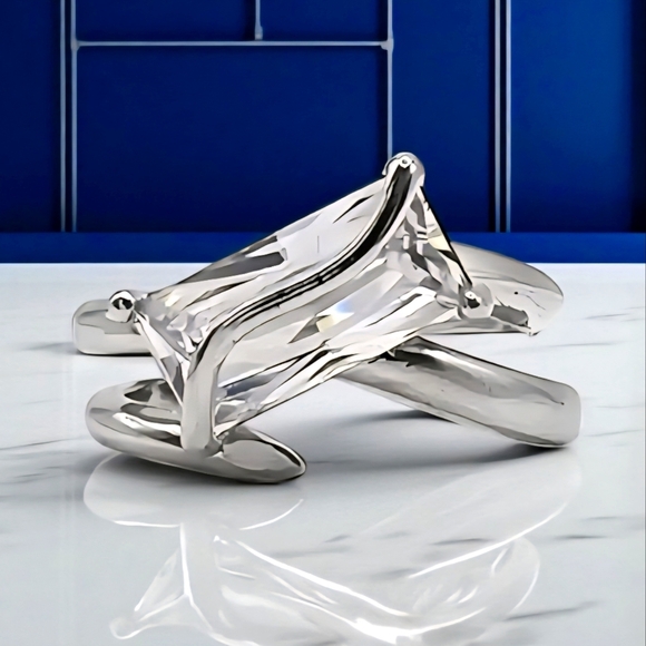 White Gold Baguette Sparkle Ring | 18K Plated Adjustable Dainty Statement - Picture 1 of 13